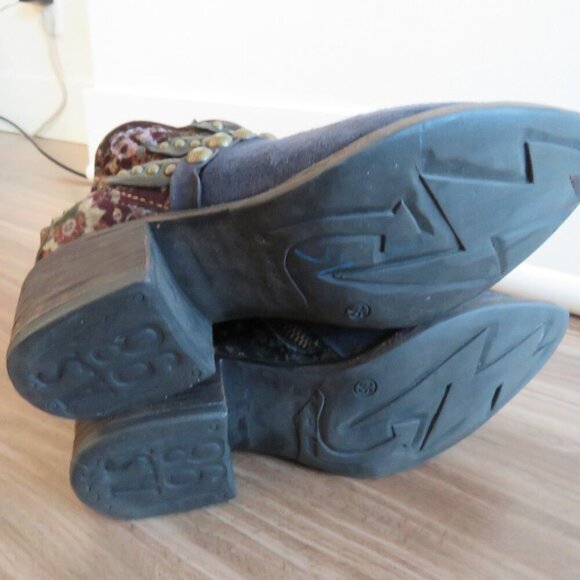 A.S. 98 Blue Floral Velvet Studded Bohemian Leather Ankle Booties Boots - Picture 14 of 15